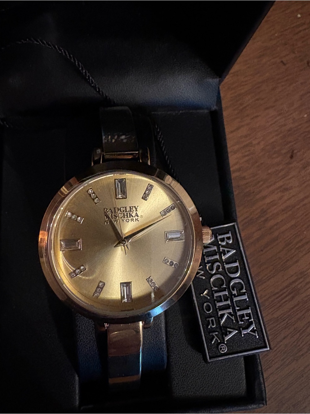 Badgley Mischka Gold Tone Crystal Accent Bracelet Watch
